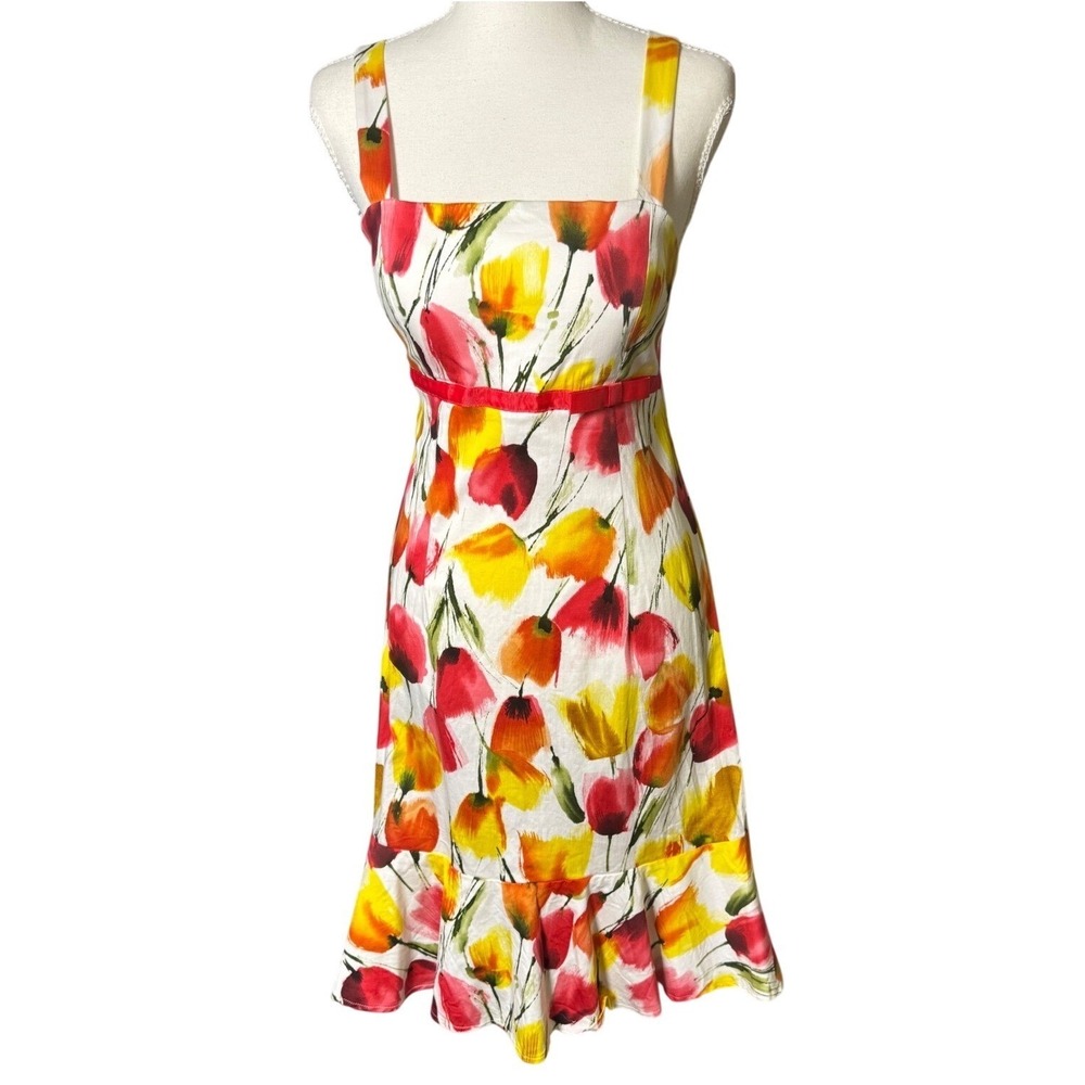 Madison Leigh Petite 10 Floral Tulip Print Ruffle Hem Summer Sundress Red Yellow - Picture 2 of 8